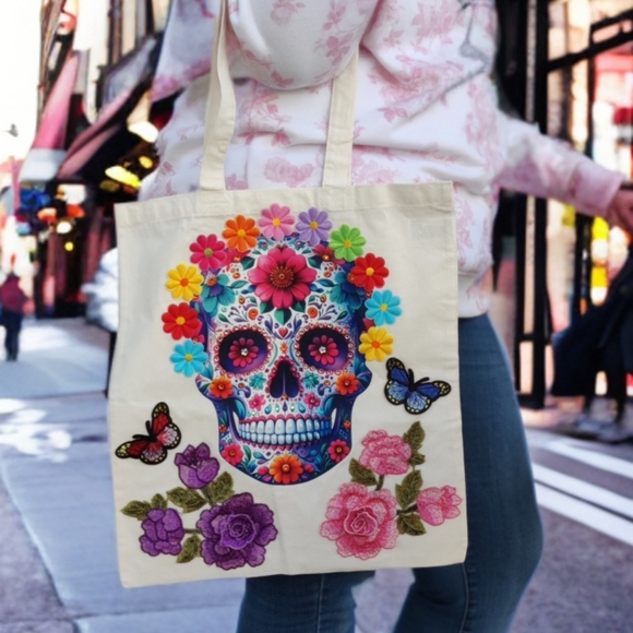 Colorful Skull and Floral Tote Bag - Picture 13 of 15